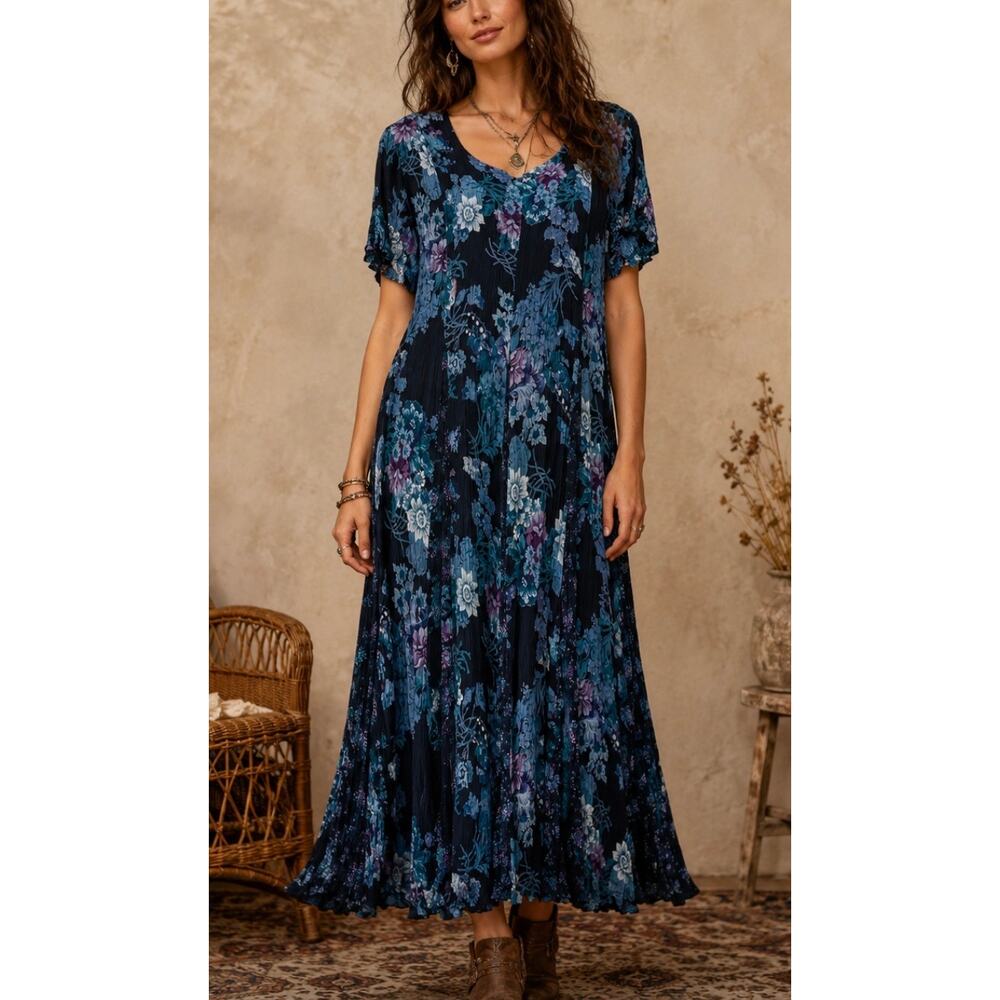 New Vintage American Angel Crinkle by Hand Floral Maxi Dress boho festival XL